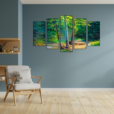 Green Forest Canvas Wall Painting- With 5 Frames