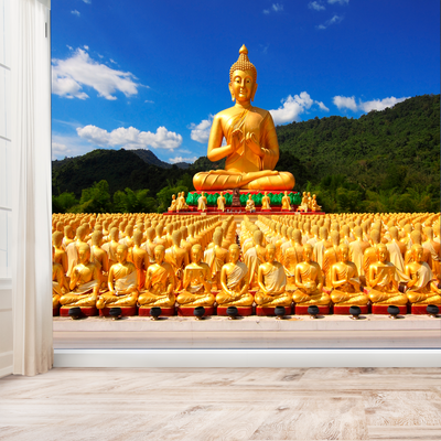 Golden Buddha With Nature Digitally Printed Wallpaper