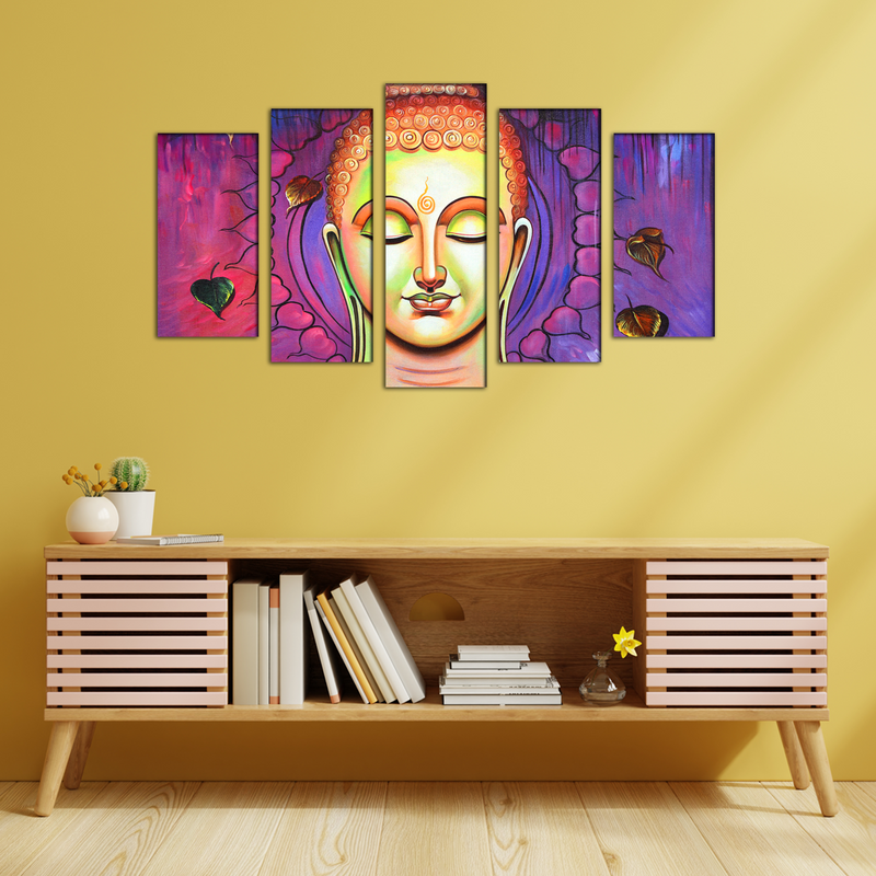 Acrylic Color Portrait Buddha Wood Framed Canvas Wall Painting- With 5 Frames