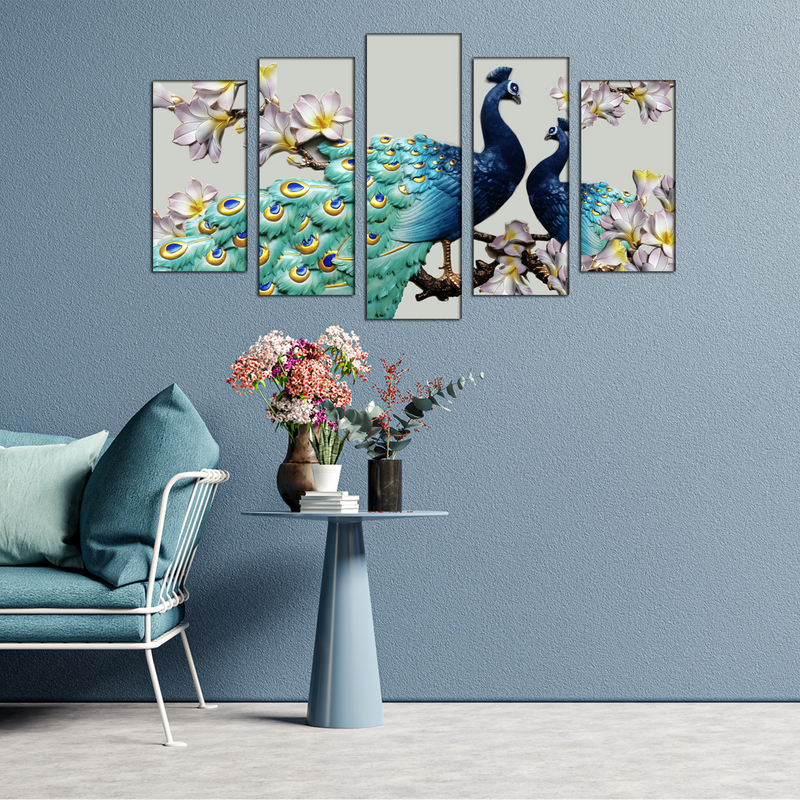 Couple Of Peacock Canvas Wall Painting- With 5 Frames