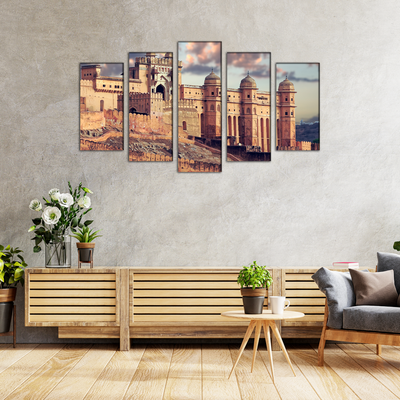 Amer fort Abstract Canvas Wall Painting- With 5 Frames