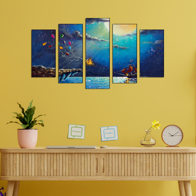 Boat & Girl Artistic Night Scenery Canvas Wall Painting- With 5 Frames