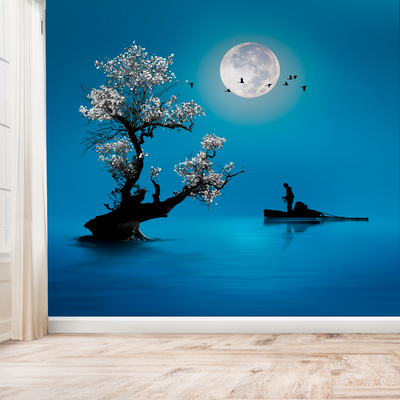 Fishing Under The Moon Light Digitally Printed Wallpaper