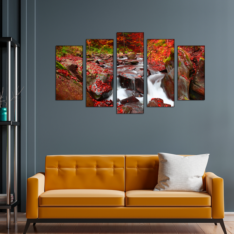 Autumn Waterfall Scenery Canvas Wall Painting- With 5 Frames