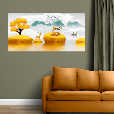 Illustration Of Golden Tree & Deer On River Canvas Wall Painting
