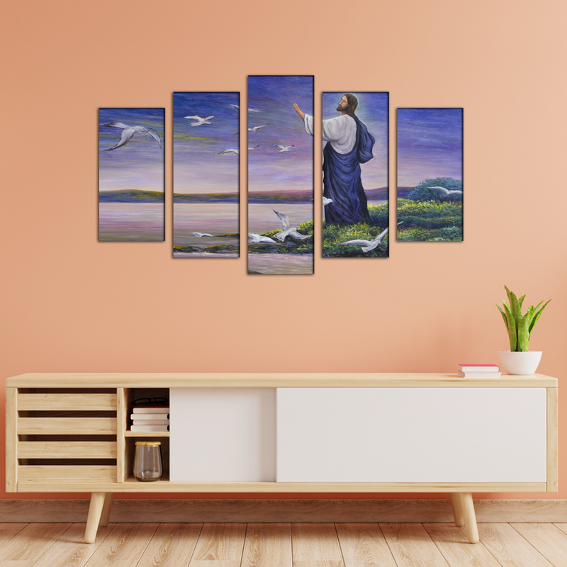 Jesus with Birds Canvas Wall Painting- With 5 Frames