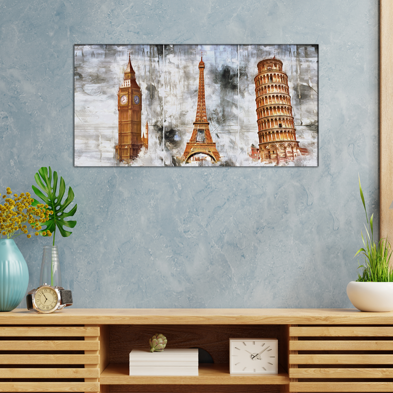 Eiffel Tower, Big Ben And Tower Of Pizzal Canvas Wall Painting