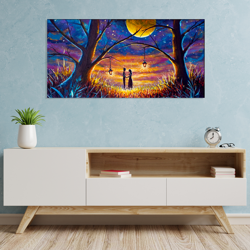 Couple In Forest At Night Under Moon Canvas Wall Painting