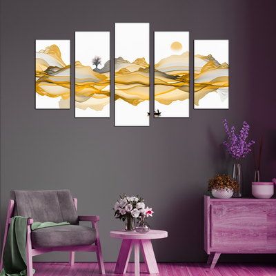 Golden Line Art Canvas Wall Painting- With 5 Frames