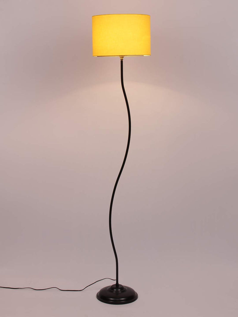 Drum Curvy Yellow Cotton Shade Floor Lamp with Black Base
