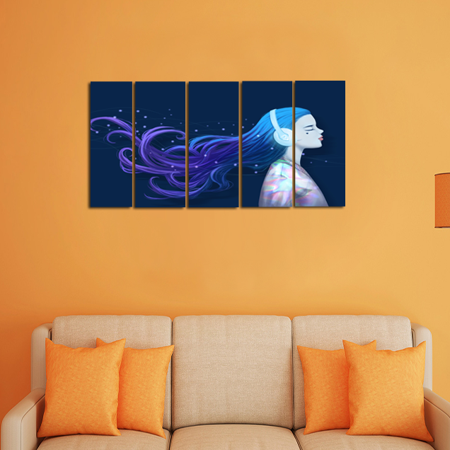 Girl With Headphones Canvas Wall Painting - With 5 Frames