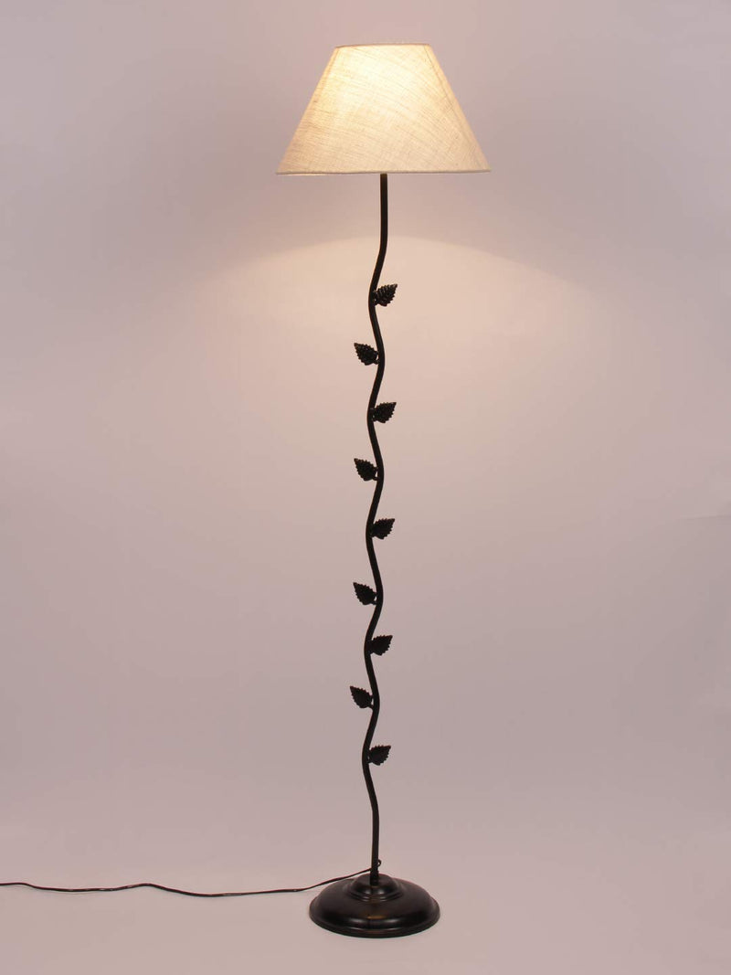 Conical White Jute Shade Leaf Floor Lamp with Black Base