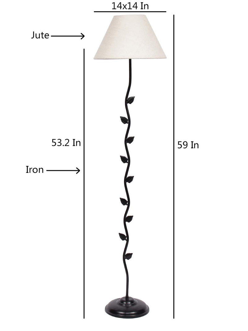 Conical White Jute Shade Leaf Floor Lamp with Black Base