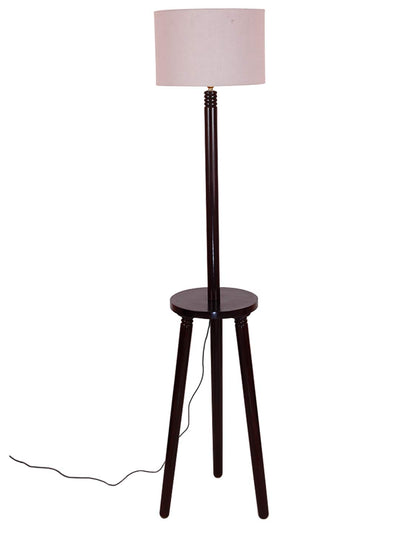 Grey Cotton Drum Shade Wood Brown Table Floor lamp