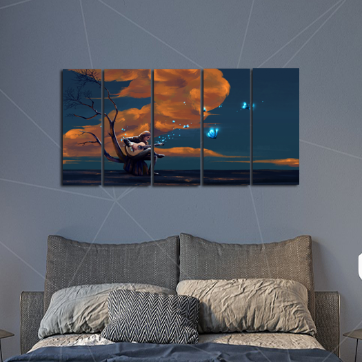 Boy Playing Guitar In Night Canvas Wall Painting - With 5 Panel