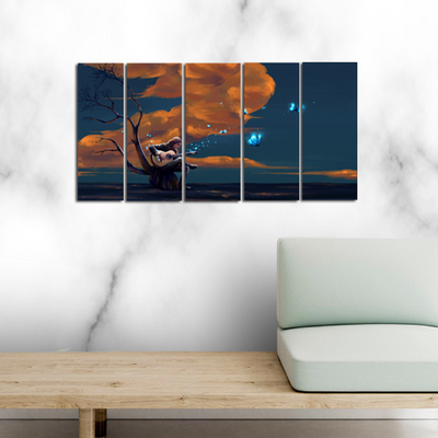 Boy Playing Guitar In Night Canvas Wall Painting - With 5 Panel