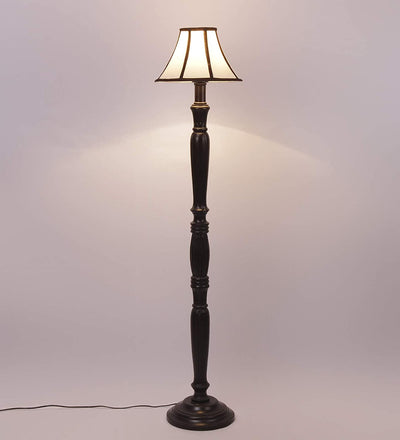 Cotton Drum Designer Fashionable Wooden Floor Lamp for Home Decor (Off White& Brown, Medium)