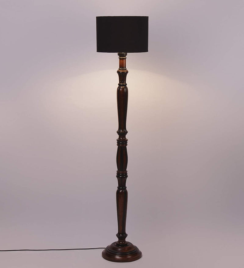 Black Cotton Drum Designer Fashionable Wooden Floor Lamp for Home Decor (Black, Medium)