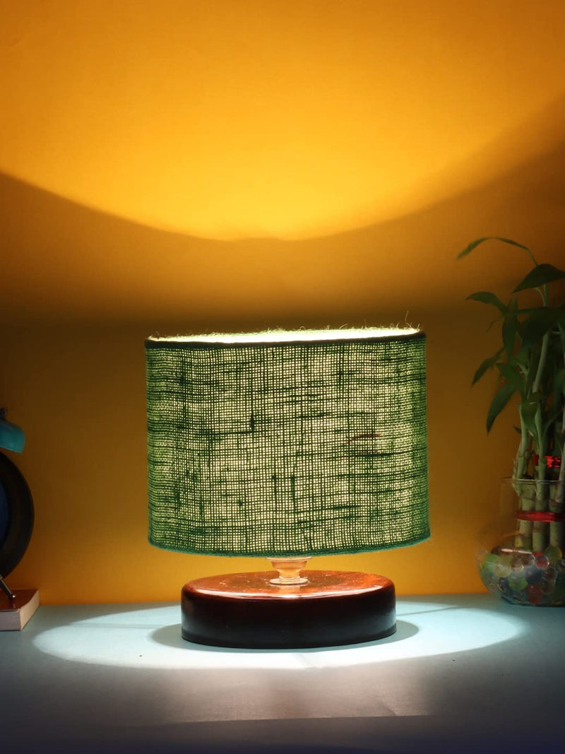 Green Jute Table lamp with Wood Brown Base
