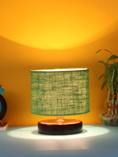 Green Jute Table lamp with Wood Brown Base