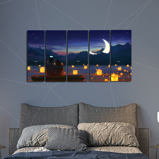 Couple Night Scenery Scenery Canvas Wall Painting - With 5 Panel