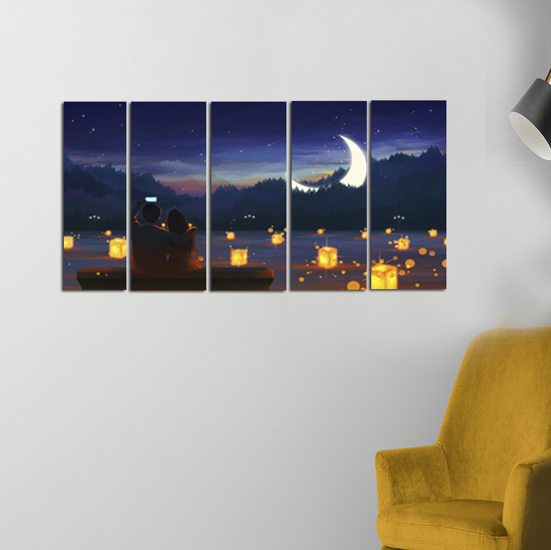Couple Night Scenery Scenery Canvas Wall Painting - With 5 Panel