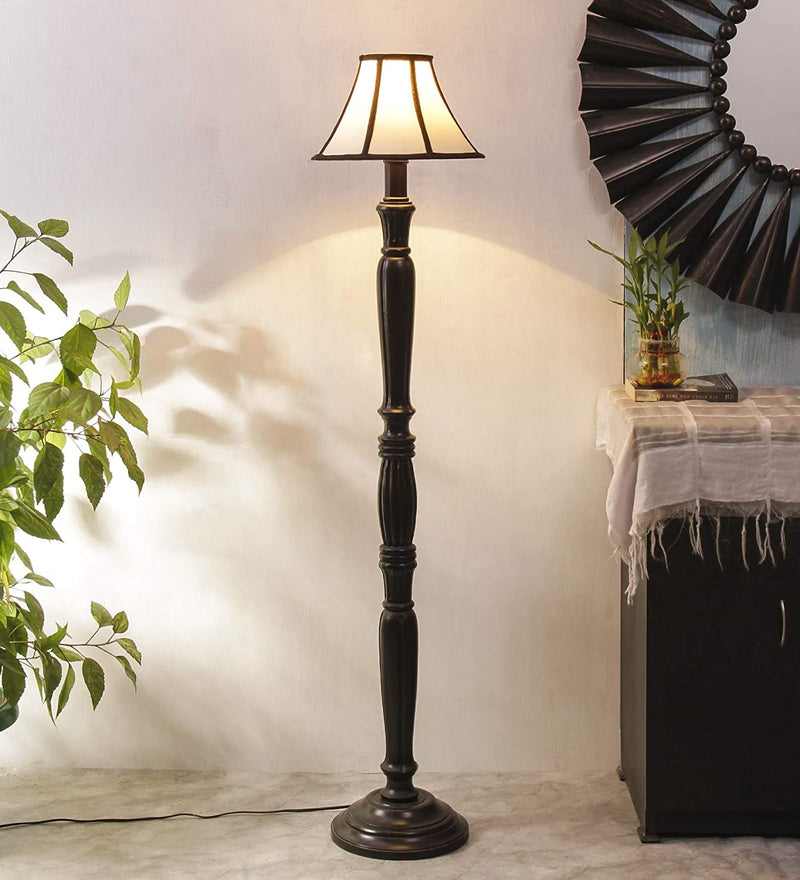Cotton Drum Designer Fashionable Wooden Floor Lamp for Home Decor (Off White& Brown, Medium)