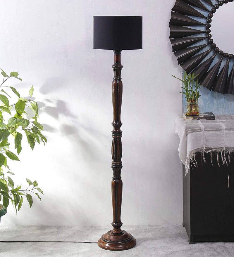 Black Cotton Drum Designer Fashionable Wooden Floor Lamp for Home Decor (Black, Medium)