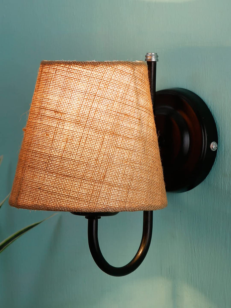 Beige Jute conical Wall Mounted lamp with Black Base