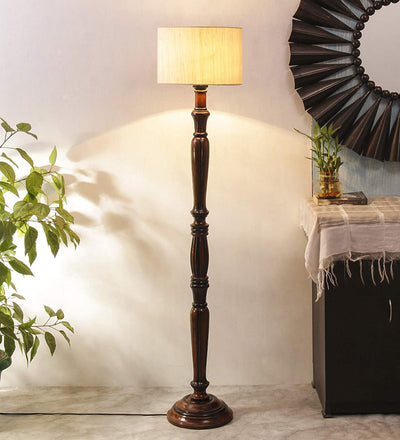 Cotton Drum Designer Fashionable Wooden Floor Lamp for Home Decor (Off White, Medium)