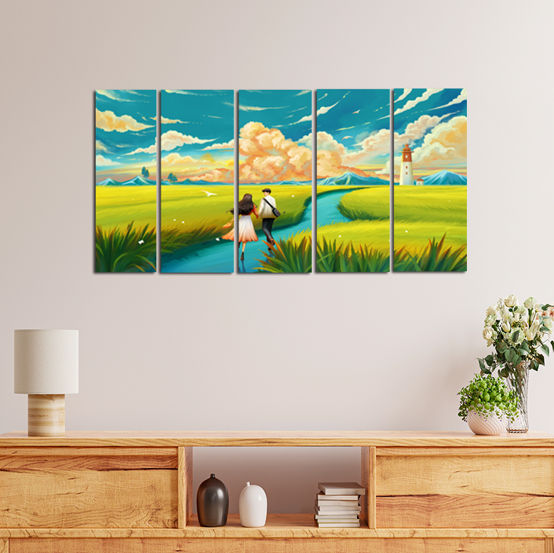 Lovely Couple Enjoying Nature Canvas Wall Painting - With 5 Panel