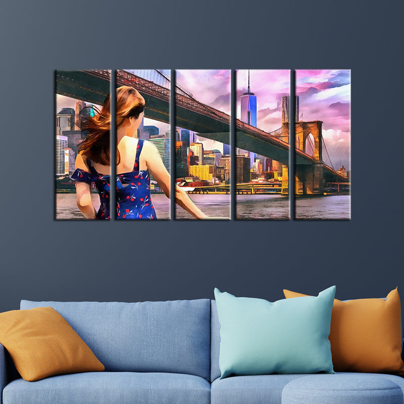 Girl Standing Into Brooklyn Bridge Canvas Wall Painting -With 5 Panel