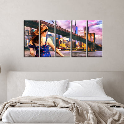 Girl Standing Into Brooklyn Bridge Canvas Wall Painting -With 5 Panel