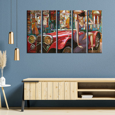 Girl With Car Abstract Wood Framed Canvas Wall Painting- With 5 Frames