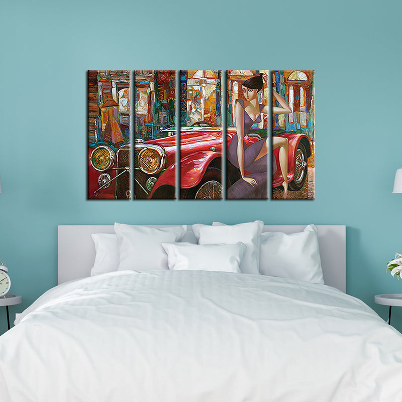 Girl With Car Abstract Wood Framed Canvas Wall Painting- With 5 Frames