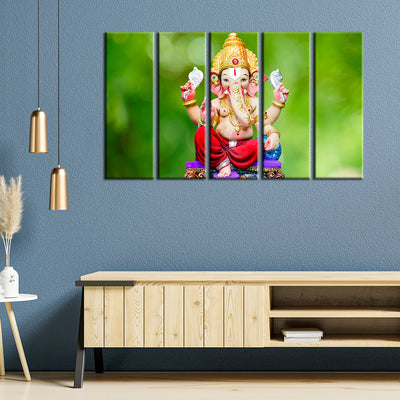 Cute Lord Ganesha Canvas Wood Framed Canvas Wall Painting- With 5 Frames