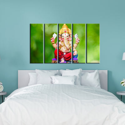 Cute Lord Ganesha Canvas Wood Framed Canvas Wall Painting- With 5 Frames