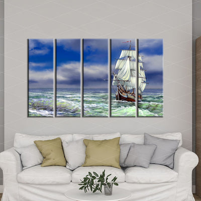 Old Ship On The Sea Canvas Wall Painting- With 5 Frames