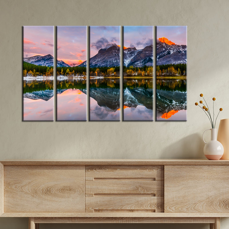 Colorful Weather Mountain View Canvas Wall Painting- With 5 Frames