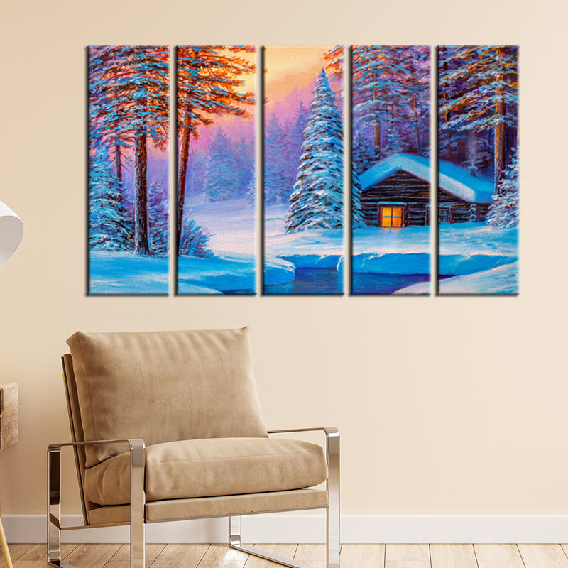 Cold Winter Sunrise Scenery Canvas Wall Painting- With 5 Frames