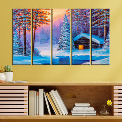 Cold Winter Sunrise Scenery Canvas Wall Painting- With 5 Frames