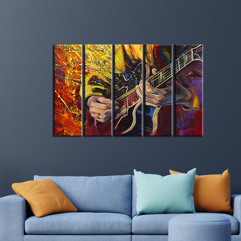 Man Playing Guitar Abstract Canvas Wall Painting- With 5 Frames