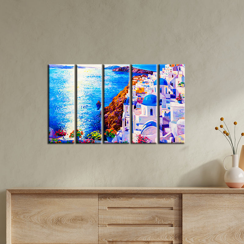 Modern City Oil Art Canvas Wall Painting- With 5 Frames