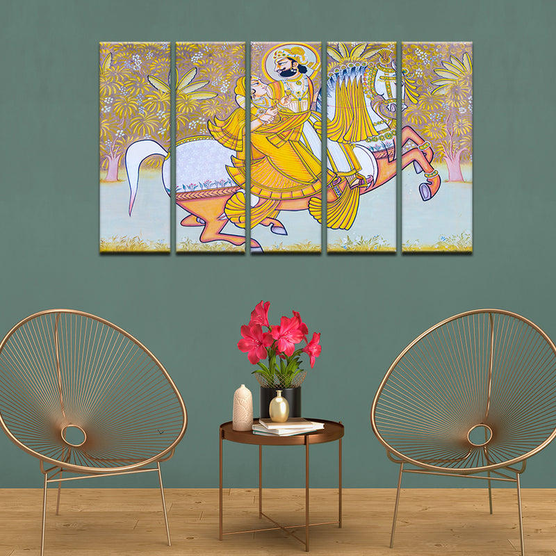 King and Queen Riding Horse Canvas  Wall Painting- With 5 Frames