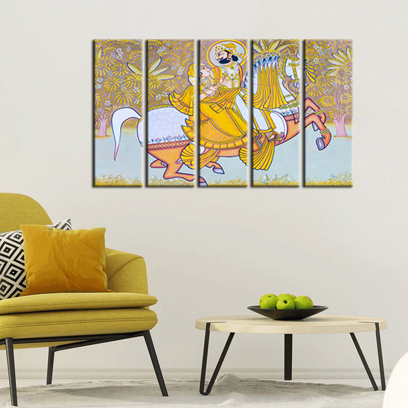King and Queen Riding Horse Canvas  Wall Painting- With 5 Frames