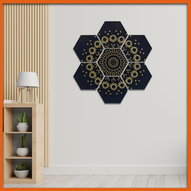 DecorGlance Arts & Entertainment Black & Golden Mandala Art Hexagonal Canvas Wall Painting - 7pcs