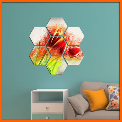 Tulip Flower Hexagonal Canvas Wall Painting - 7pcs