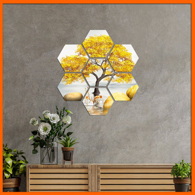 Yellow Tree Hexagonal Canvas Wall Painting - 7pcs