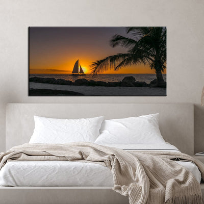 DecorGlance Beach Paintings Row Boat In Beach During Sunset Canvas  Wall Painting