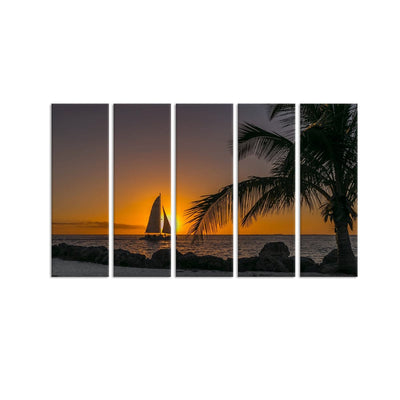 DecorGlance Beach Paintings Row Boat In Beach During Sunset Canvas Wall Painting - With 5 Panel